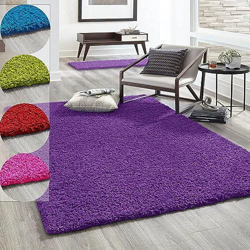 VIMODA Hochflor Teppich Prime Shaggy Langflor Wohnzimmer Schlafzimmer Rund Farbig, Farbe:Lila, Maße:70x140 cm