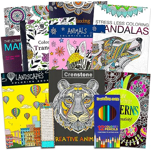 Crenstone Lot de 10 livres de coloriage pour adultes – 10 livres de coloriage avancés pour homme et femme, avec mandalas et plus encore