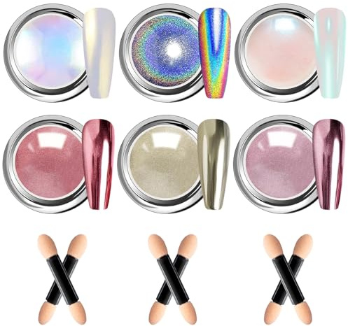 BISHENGYF 6 Chrome Nail Powder【Pulver Neues Upgrade】 Chrom Glitzerpuder【Super Mirro Effect】Neon Glassy Pearl Effect Pigmente für Nagelkunst und Nageldesign Starter- Leicht Bedienen