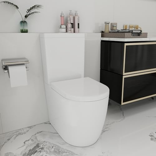 Robanmoa Swirling Flush Close Coupled Toilet, Back to Wall Bathroom Toilets White Ceramic WC Pan Soft Close Seat & Cistern Dual Flush Modern Comfort D Shape Projection Toilet