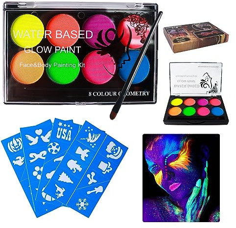 8 Farben Bodypaint mit 4 Blätter Tattoo-Aufkleber Schablonen, Körperfarbe fluoreszierend, Face Paint, Wasserlöslich Malerei, Cosplay Körperfarbe Kinder, für Halloween Karneval Make-up Party