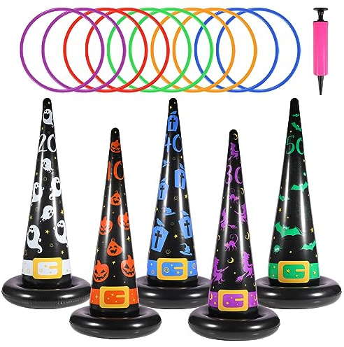Yeepoo Halloween Ring Toss Game Set, 5Pcs Inflatable Witch Hats with 10Pcs Colorful Plastic Rings and Air Pump for Halloween Party Games Super Fun Indoor Outdoor Party Supplies