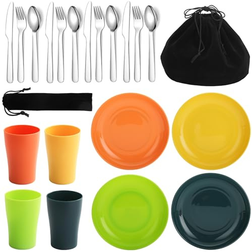 Evanda Ustensiles de Cuisine de Camping 20 pièces, Tasse légère réutilisable, Assiette et Couverts en Acier Inoxydable avec Sac Noir, pour Le Camping à 4 Personnes, Lavable au Lave-Vaisselle