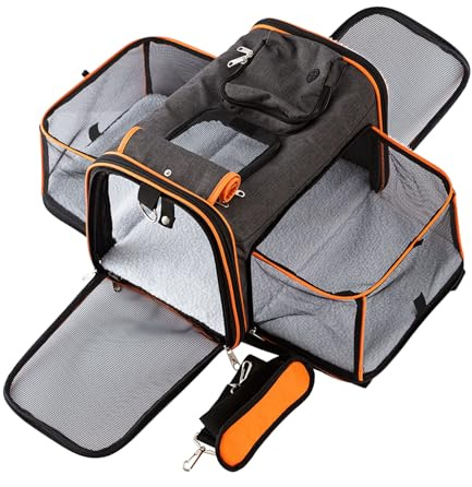 Petinstinct TSA Airline Approved Expandable Pet Carrier, 17x11x11 5-Side Entry Soft-Sided Collapsible Cat Dog Carrier (up to 15 lbs), with Alloy Frame & Removable Wool Mat for Travel