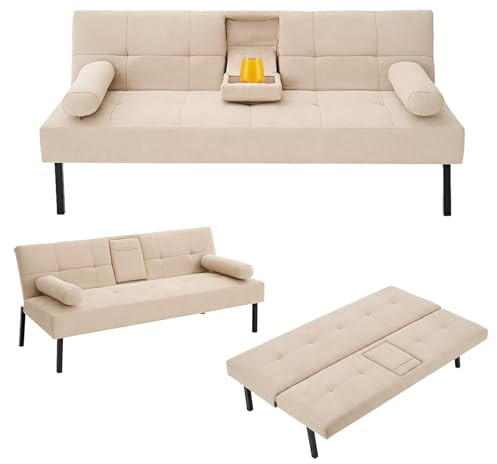 Panana Click Clack Sofa Bed Linen Fabric 3 Seater Sofa Couch Living Room/Spare Room/Guest Room Bed Settee With Cup Holders, Beige