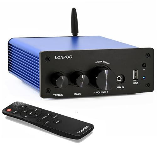 Mini Bluetooth Hifi-Verstärker 200W mit Fernbedienung, Optischer, koaxialer, AUX-Eingang, 2 Kanal Audio L/R-Ausgang Stereo Sound Ausgang, Treble & Bass Control Knob (615BLUE)