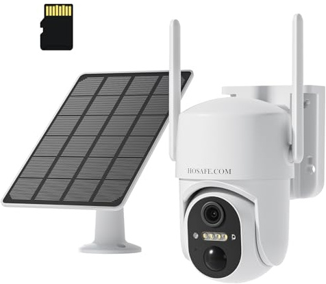 HOSAFE.COM Camara Vigilancia WiFi Exterior Solar, Camaras de Vigilancia Sin Cables, Camara 360 Grados PTZ, Sensor PIR, 2K HD Color Visión Nocturna, SD/Nube, IP66 Impermeable