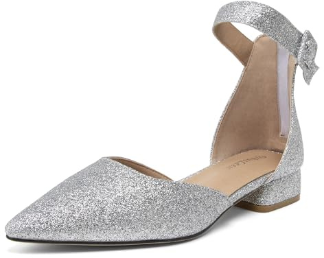 QiBusLeen Zapatos de tacón bajo y grueso con purpurina para mujer, de 2,5 cm, con puntera cerrada, puntiaguda, correa al tobillo, zapatos de vestir para mujer, fiesta, oficina, cita, Color plateado