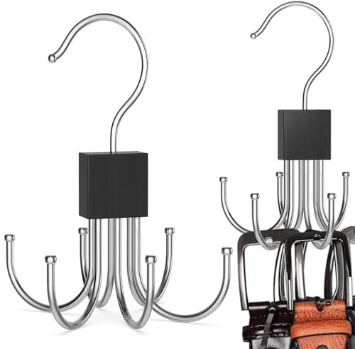 Belt and Tie Hanger Organizer With Rotating 8 Hooks - Wardrobe Closet Storage Solution for Clothes, Belts, Ties, Bags, Scarves, Hats - Space Saver Black 1 Pack