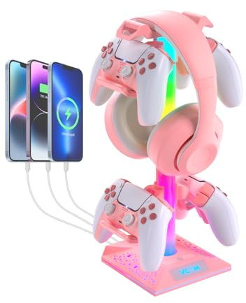 VCOM RGB Headset Halterung mit 2 USB- und 1 Typ-C-Anschluss, Gaming Zubehör Kopfhörer Ständer mit 10 Lichtmodi, Controller Halterung für PC Gamer Xbox PS5 (Rosa)