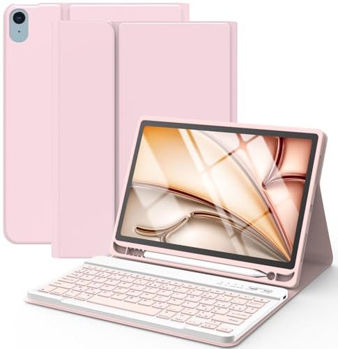 Coque Clavier pour iPad Air 11 Pouce M4&M3&M2 2024-2026, Air 5 2022/Air 4 2020 10.9, Étui Clavier pour Pro 11 1ème 2018 avec Pen Holder, Housse avec Magnétique Sans Fil Clavier AZERTY Français (Rose)