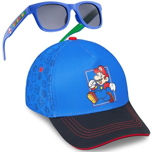 Get Trend Super Mario Baseball Cap Kids Sunglasses Set Adjustable Hat 100% UV Protection Holiday Essentials Boys Gifts (Blue Mario Set)