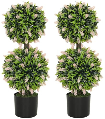 HOMCOM Set of 2 Artificial Lavender Topiary Ball Trees UV Resistant, Pink | 70 cm, Double Ball Fake Plants in Pot, Faux Lavender Flowers, Indoor Outdoor