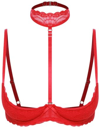 ranrann Femme Soutien-Gorge Sein Nu Halter Neck Top Bra Push Up Bralette Dentelle Lingerie Brassière S-5XL B Rouge S