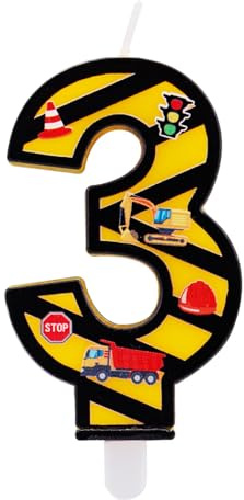 Tinoaly Vela de Cumpleaños Construcción, Vela con Número a Rayas Amarillas y Negras Decoración Creativa para Tarta de Cumpleaños Ideal para Fiestas Construcción Niños (Número 3)