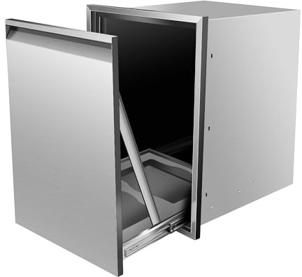 Yoloyakidra Built-in Trash Drawer 19 W x 27 H x 16 D with Recessed Handle Pull Out Tray Trash Bin Lower Sliding Rails Stainless Steel for Outdoor Kitchen BBQ Island Grill Station