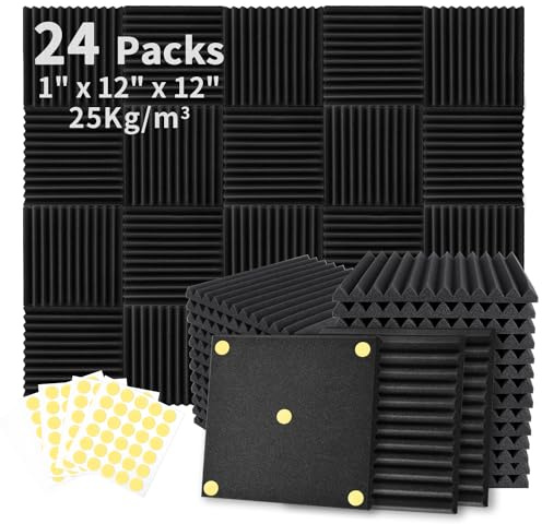 24 Pack Sound Proofing Panels, 1 X 12 X 12 Acoustic Foam Wall Panels, Soundproofing Wedge Panels, Sound Absorption Wall Panels, Sound Proof Panels for Studio, Home, Office, with Double Sided Tape