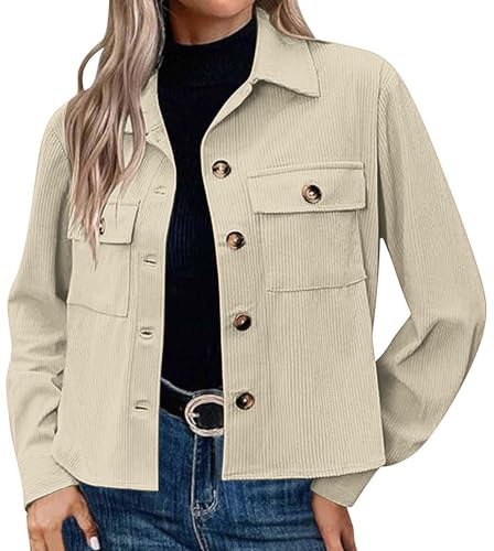 PADOLA Giacca Donna in Velluto a Coste Giubbotto Corto Camicia con Bottoni e Collo Casuale Manica Lunga per Primavera Autunno(S,Panna)