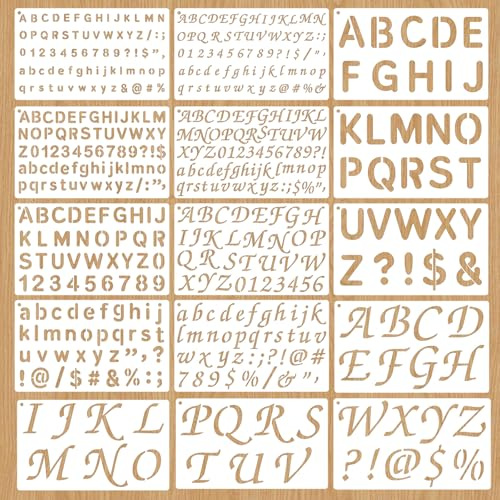 15 Pack Letter Stencils for Painting – Reusable Alphabet and Number Stencil Templates, Plastic Craft Stencils for Wood, Fabric, Scrapbooking, and DIY Art Projects