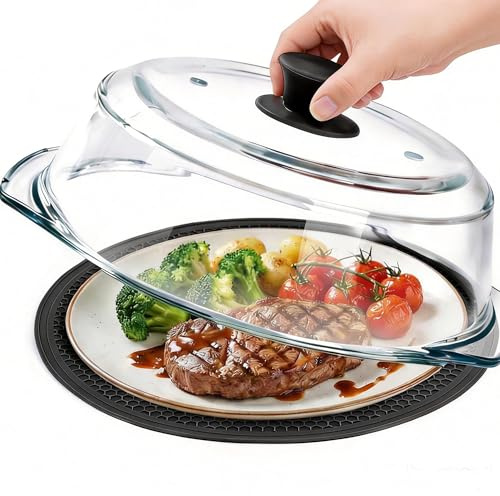 Glass Microwave Splatter Cover for Food with Microwave Place Mat - Sturdy Plate Guard Lid with Vent Holes and Easy-Grip Silicone Handle - BPA Free, Dishwasher Safe (Black)