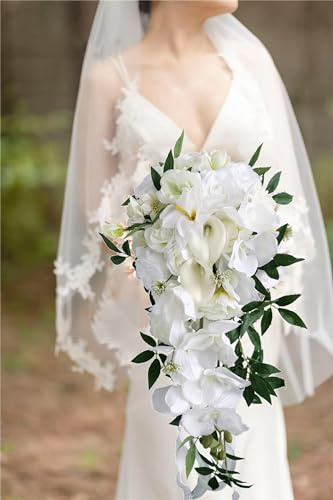 Les fleurs à la main, Bouquet de mariée cascade blanc ivoire 9,8 pouces, bouquets fleurs lys calla artificiels for cérémonie mariage, anniversaire, fête