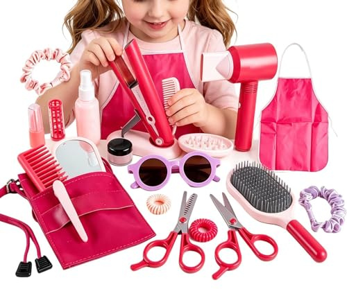 Barn Hårsalong Leksaksset med Hårtork Förkläde Stylingtillbehör | Hårstyling och frisörlek med sminkkit för barn flickor dagligen hemma resor förskola klassrum lekrum kalas födelsedag