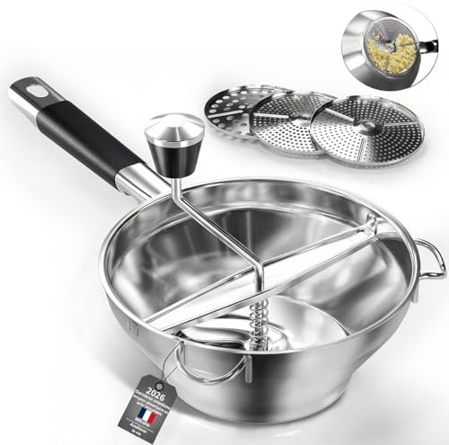 Grönsakskvarn i rostfritt stål med 3 utbytbara skivor, manuell handkvarn för barnmat, för tomatsås och potatismos (silver H)