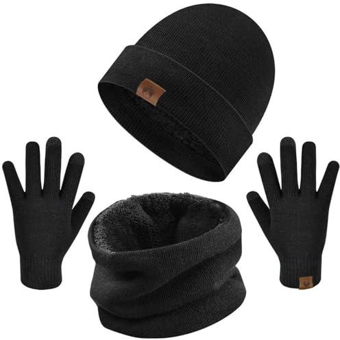 heekpek Hiver Tricotés Ensemble bonnet Tricoté Écharpe Gants pour Hommes et Femmes 4 Pièces,Noir,Taille Unique