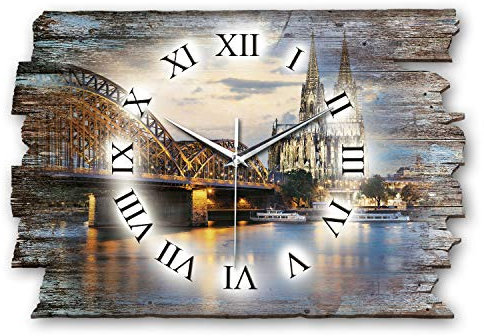 Kreative Feder Designer Wanduhr Köln Skyline aus Holz Größe 40x27cm - Wanduhr im Landhaus-Stil Shabby-Style Made in Germany leise ohne Ticken (Köln, leises Funkuhrwerk)
