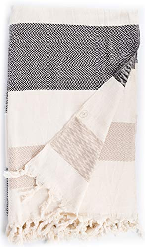 Bersuse 100% Cotone - Aspendos XXL Asciugamano Coperta Turco - Telo Mare, Divano Letto, Copridivano -Nero-Beige
