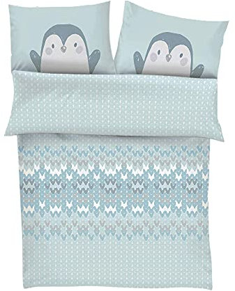 s.Oliver Kinderbettwäsche Pinguin 100x135 cm - 100% Baumwolle, praktischer Reißverschluss & maschinenwaschbar, Bettwäsche für Kinder 2tlg. hellblau