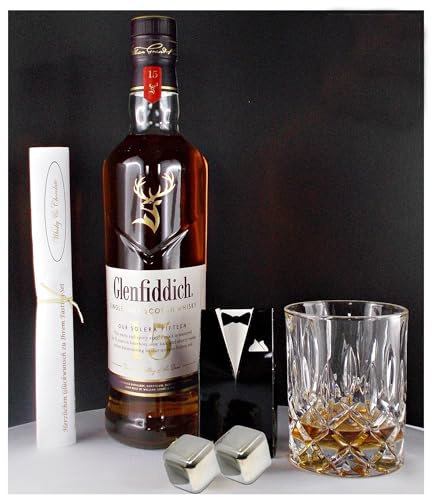 Geschenk Glenfiddich Solera 15 Jahre Single Malt Whisky + Kristallglas + 2 Whiskey Kühlsteine