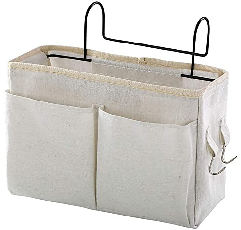 HNJKJEU Organizador de Cabecera Cama, Bolsillo Cama Organizador, Cama Colgante Bolso de Bolsillo, Bedside Caddy para Libro, Revistas, iPad, Teléfono Móvil, Mando a Distancia (Blanco)