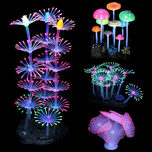 Mogokoyo Lot de 4 Plante Artificielle d'Aquarium à Glowing Effet Artificiel en Silicone avec Base Plante Aquatique Lumineuse Multicolore Ornement pour Réservoir à Poisson Fishtank (Style 5)