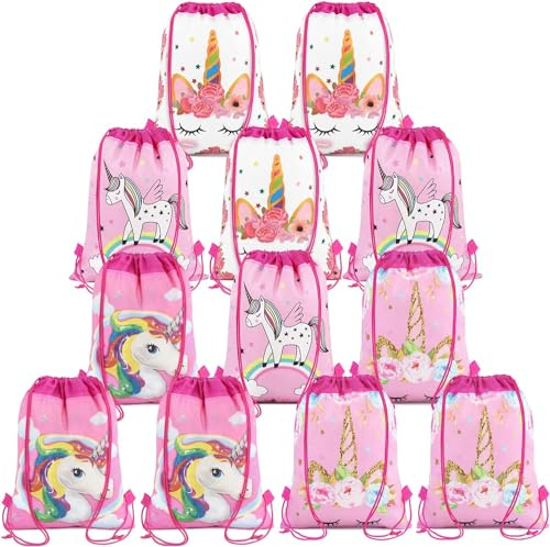 Newthinking Unicorn Drawstring Party Bags 12 Pack, Non-woven Fabric Kids Unicorn Drawstring Backpacks Party Favor Bags for Girls