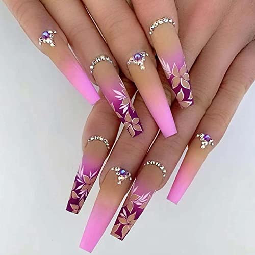 Luvadeyo 24Pcs Coffin Press on Nails Pink Full Cover Flower Acrylic Gradient Fake Nails Long False Nails for Women