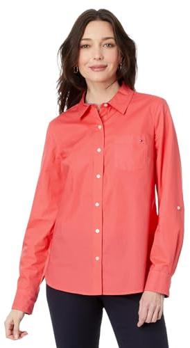 Tommy Hilfiger Damen Button-Down-Langarmhemd mit Kragen und Brusttasche, Sherbet, Klein