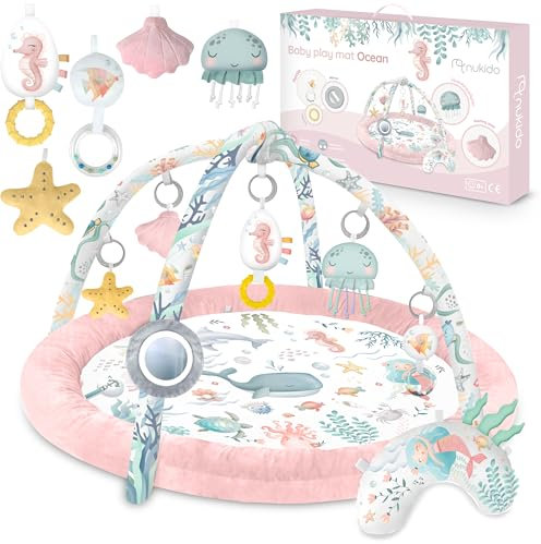 Nukido Spieldecke Mit Spielbogen Baby Spielmatte Babyspieldecke Krabbeldecke 7 Spielzeuge Und Kissen Weich Pflegeleicht Ocean Rosa