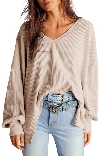 Dokotoo Spring Shirts for Women 2026 Long Lantern Sleeve Workout Tops Cute Waffle Knit Blouses Sexy V-Neck Oversized Spring Outfits Lightweight Casual Beige Jumper Shirts Large