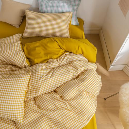 Nayoroom Bettwäsche Karo 135x200 Gelb Gold Kariert Gitter Muster Wende Bettwäsche Set 2teilig Gitter Hochwertig Renforce Microfaser Bettbezug und 1 Kissenbezug 40x80 cm mit Reißverschluss