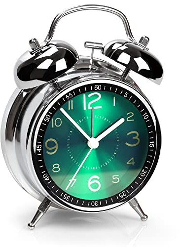 AYRELY Reloj despertador retro con doble campana para dormir profundo, analógico, de 4 pulgadas, sin tictac, esfera de metal con luz nocturna para dormir y mesitas de noche (verde)