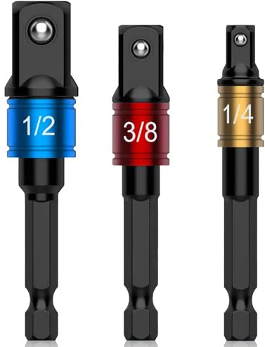 3 Piezas Adaptador de Llave de Vaso para Taladro y Destornillador de Impacto -Adaptadores 1/4'', 3/8'', 1/2'' para Herramientas Eléctricas, Juego de Tuercas Adaptadoras de Llaves de Vaso Hexagonal