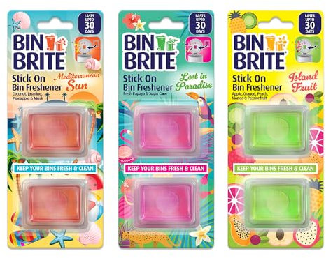 Bin Freshener Stick On – 6 Pack Odour Eliminator & Deodoriser 2 Each Scents – Mediterranean Sun, Paradise Island, Fruit Scent – Long-Lasting Air Freshener for Bins, Swing & Pedal Bins