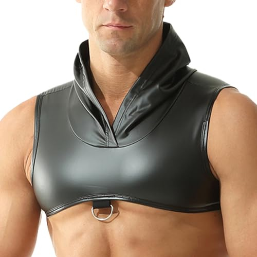 QiaTi Men's Faux Leather Hooded Crop Top Black Sleeveless Tank Tops Rave Open Back Halter Corset Top for Men