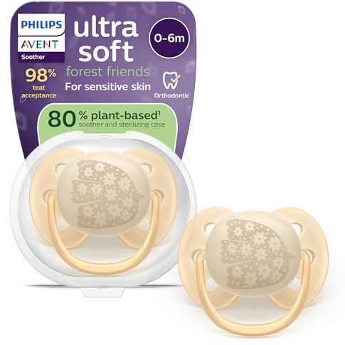 Philips Avent chupetes ultra soft: diseño anatómico, para bebés de 0 a 6 meses, escudo flexible, tetina simétrica de silicona, sin BPA, funda esterilizadora, SCF092/06
