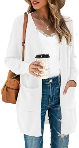 Saodimallsu Cardigan long et léger pour femme - Manches longues - Open Front - Pull en tricot - Couleur unie - Loisirs - Manteau d'extérieur avec poche, Blanc., XL
