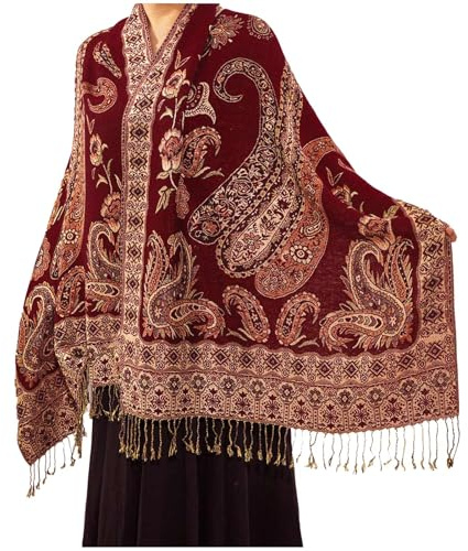 XINGSHUNFU Paisley Pashmina Rave Scarf, Indian Shawl Wraps for Women Exotic Shawls Scarves for Evening Dresses(Burgundy)