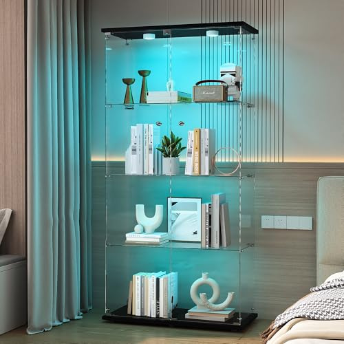 TIMORWTF Vitrine en Verre avec LED,Armoire Vitrine pour Collection,2 Portes à Serrure,4 Étagères Adjustables, 164x80.5x36.5cm, Noir