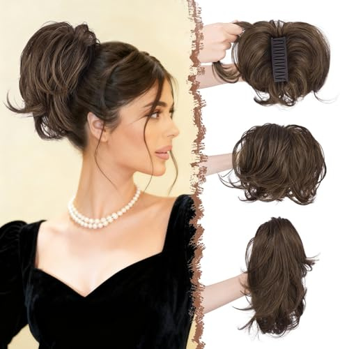 FESHFEN Claw Clip Short Ponytail Extensions - DIY Bendable Metals Fluffy Messy Bun Hair Piece Straight Synthetic Hairpieces Ponytail Extension for Women, Dark Brown & Light Auburn Mixed