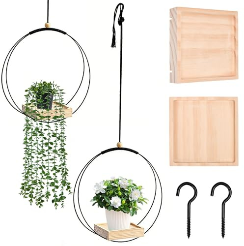ASOUUNLD 2 Pièces Suspension Plante Intérieure, Pot Suspendu Plante Interieur avec Base en Bois, Boho Moderne Suspension Plante Intérieure pour Pot de Fleurs et Plantes avec Crochet de Suspension
